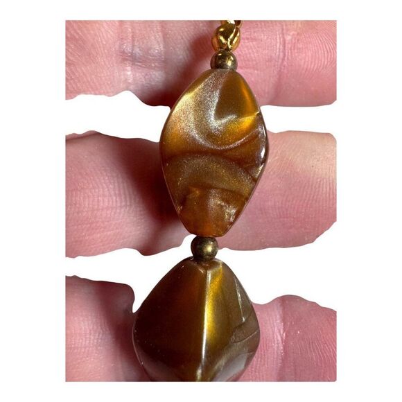 Vintage Lucite Gold & Brown Beaded Swirl Necklace 23” Brass Hook Clasp Retro - Picture 5 of 7